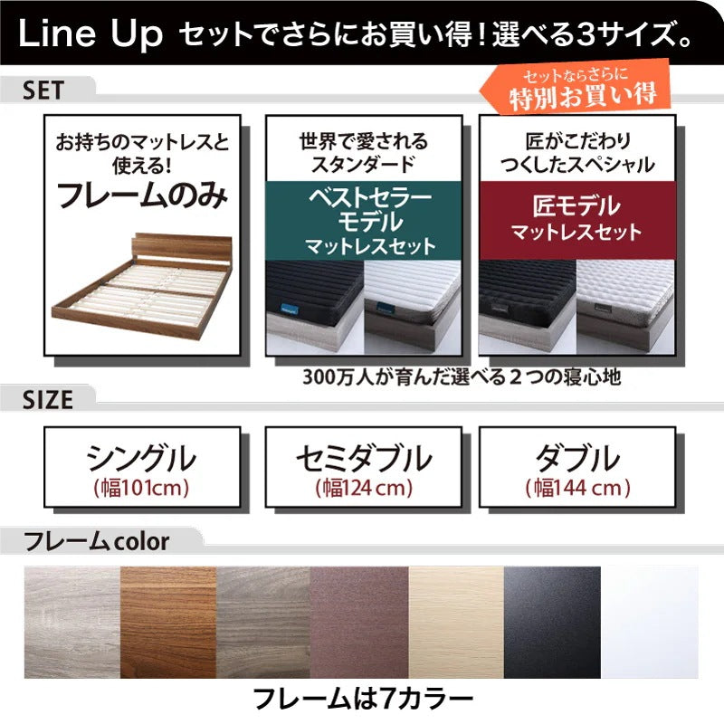 セミダブルベッド + マットレスセット 棚コンセント付き ローベッド 桐材すのこ 高通気性マットレス