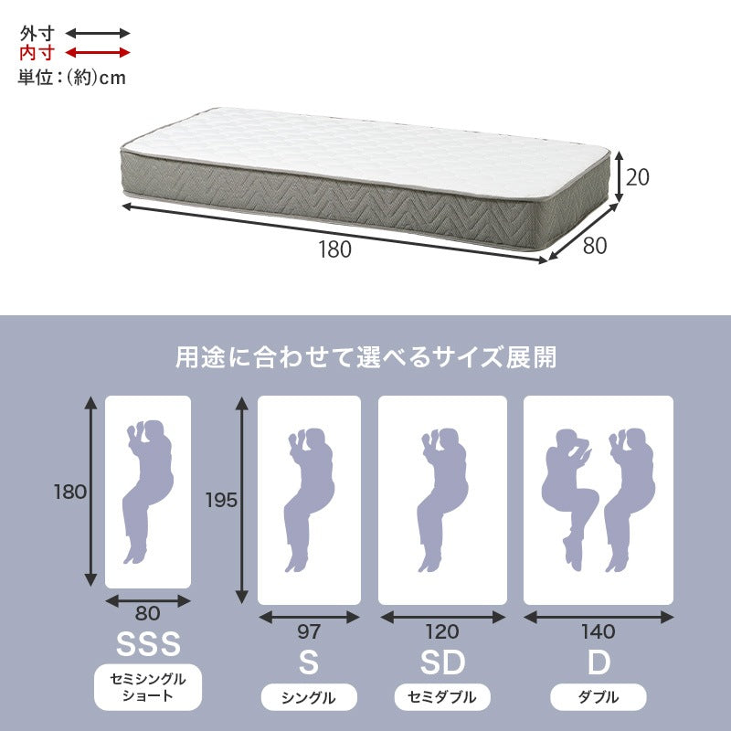 セミシングルショート SSS マットレス単品 ポケットコイル 厚み20cm ニット生地 3Dメッシュ 型崩れ防止エッジサポート 高通気性