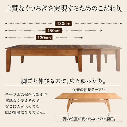3段階伸縮リビングテーブル 幅120-180cm ローテーブル 伸縮 天然木 エクステンション 沖縄離島不可