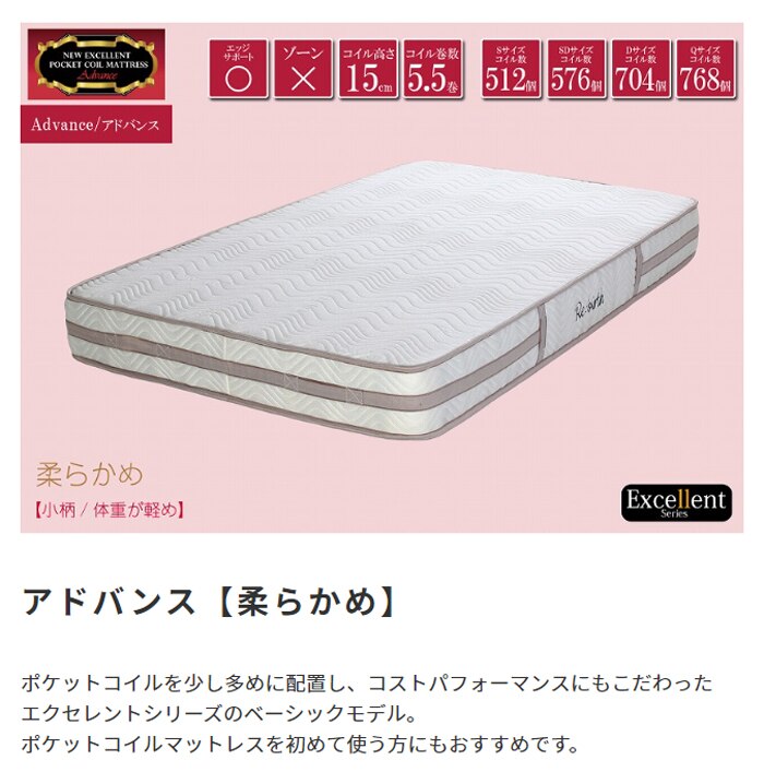 セミダブル ポケットコイルマットレス Excellent Advance 快眠 高耐久 3Dメッシュ 柔らかめ リバーシブル