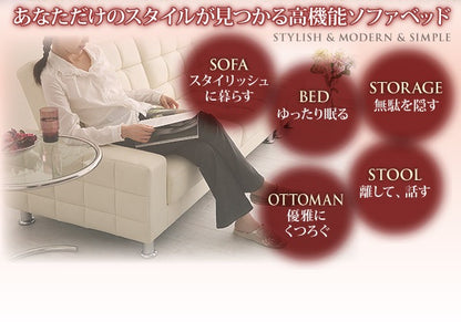 ソファーベッド スタイリッシュ 高さ調整 モダン 白 キルティング加工 3段階リクライニング 収納付