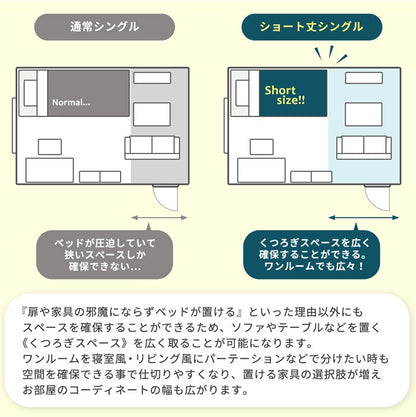 シングルベッド＋マットレスセット 棚/引き出し付き ショートベッド 省スペース 隠し収納