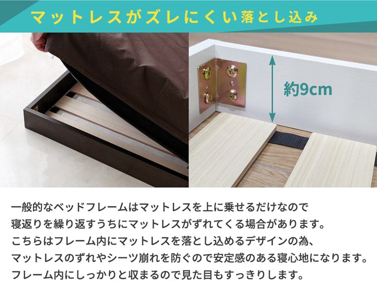 シングルベッド＋ブラックマットレスセット Lonnie USB 宮付きフロアベッド ローベッド