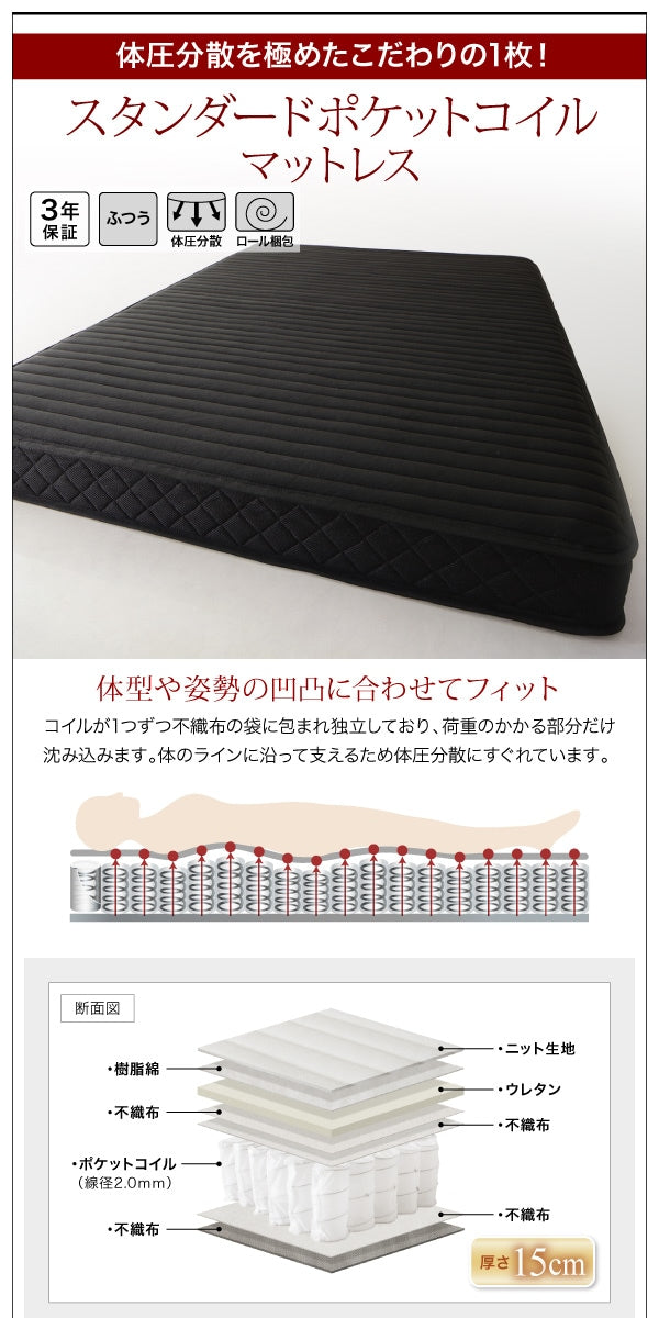 セミダブルベッド + マットレスセット W.coRe ローベッド スタンダードポケットコイルマットレス