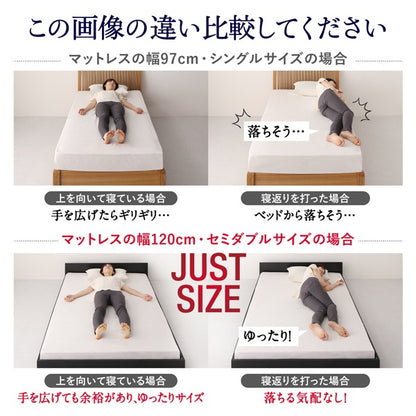 セミダブルベッド + マットレスセット 薄いスリムなヘッドボード HIRO ローベッド 省スペース フロアベッド スタンダードボンネルコイルマットレス