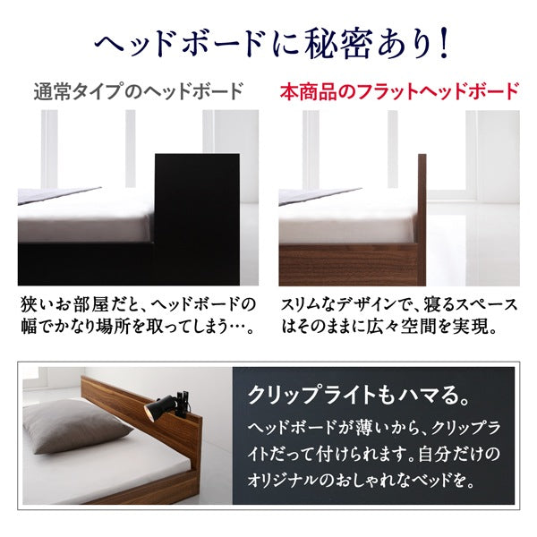 セミダブルベッド + マットレスセット 薄いスリムなヘッドボード HIRO ローベッド 省スペース フロアベッド スタンダードボンネルコイルマットレス
