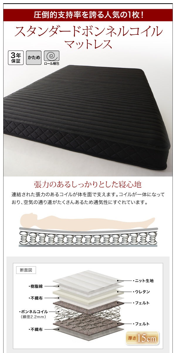 セミダブルベッド + マットレスセット 薄いスリムなヘッドボード HIRO ローベッド 省スペース フロアベッド スタンダードボンネルコイルマットレス