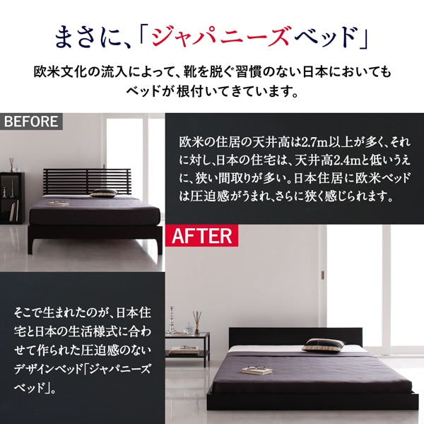 セミダブルベッド + マットレスセット 薄いスリムなヘッドボード HIRO ローベッド 省スペース フロアベッド スタンダードポケットコイルマットレス