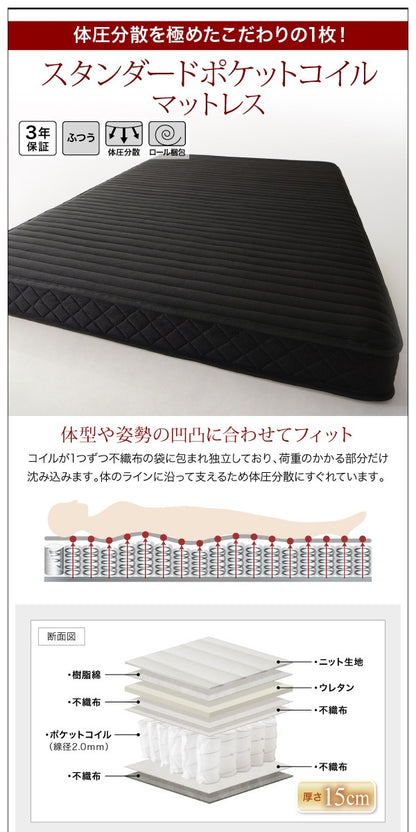 セミダブルベッド + マットレスセット 薄いスリムなヘッドボード HIRO ローベッド 省スペース フロアベッド スタンダードポケットコイルマットレス