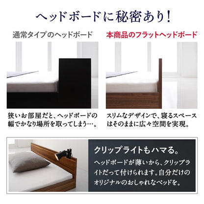 セミダブルベッド + マットレスセット 薄いスリムなヘッドボード HIRO ローベッド 省スペース フロアベッド プレミアムボンネルコイルマットレス