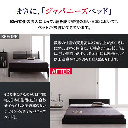セミダブルベッド + マットレスセット 薄いスリムなヘッドボード HIRO ローベッド 省スペース フロアベッド プレミアムボンネルコイルマットレス