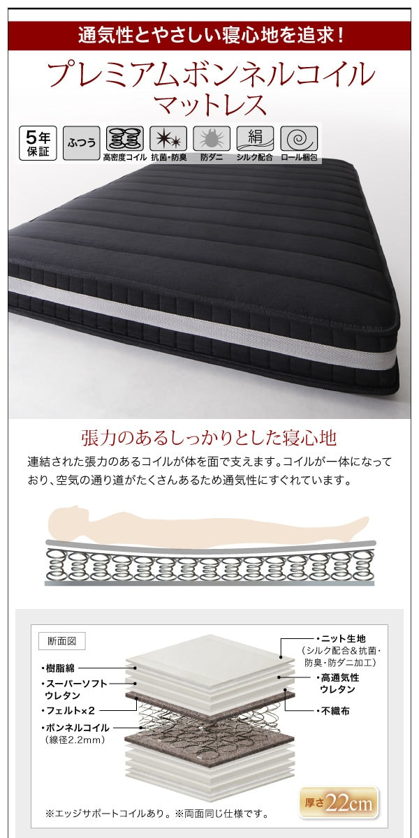 セミダブルベッド + マットレスセット 薄いスリムなヘッドボード HIRO ローベッド 省スペース フロアベッド プレミアムボンネルコイルマットレス