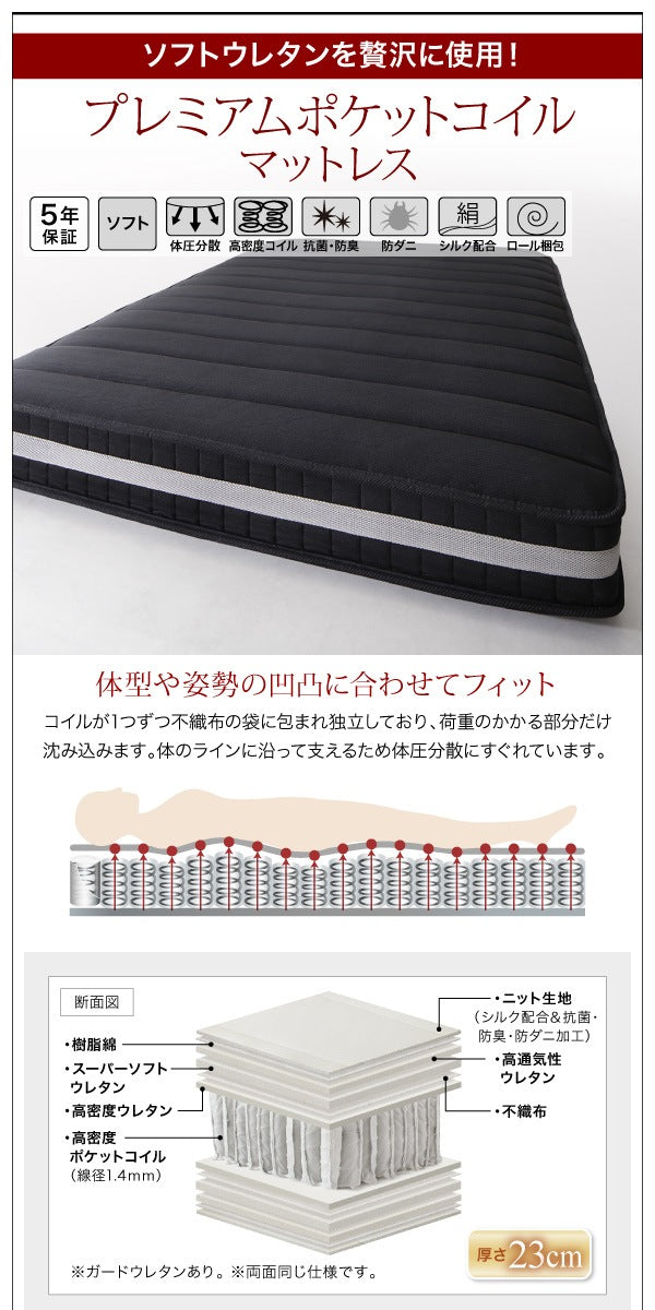 セミダブルベッド + マットレスセット 薄いスリムなヘッドボード HIRO ローベッド 省スペース フロアベッド プレミアムポケットコイルマットレス