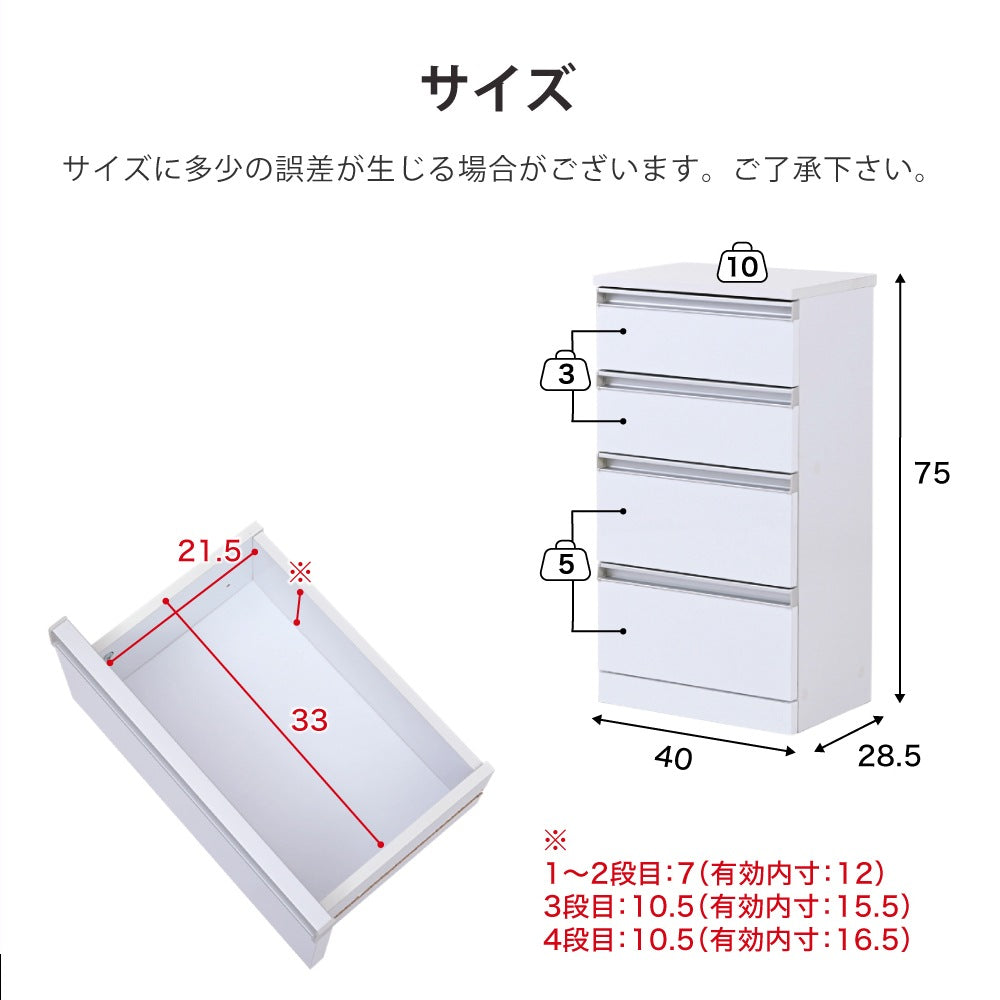 キッチンチェスト 引き出し収納 幅40cm ホワイト 鏡面 コンパクト