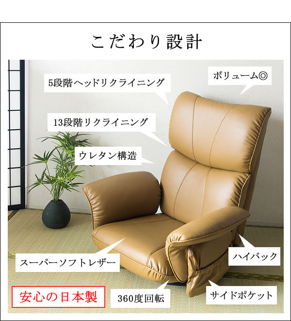 リクライニング座椅子 360度回転 スーパーソフトレザー 日本製 サイドポケット