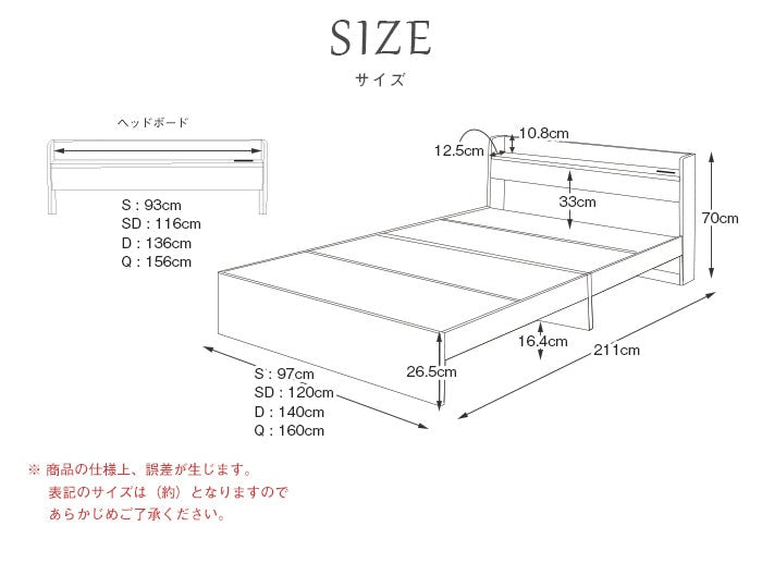 ダブルベッド Dベッドフレーム単品 コンセント付き 棚付き RUES 収納スペース