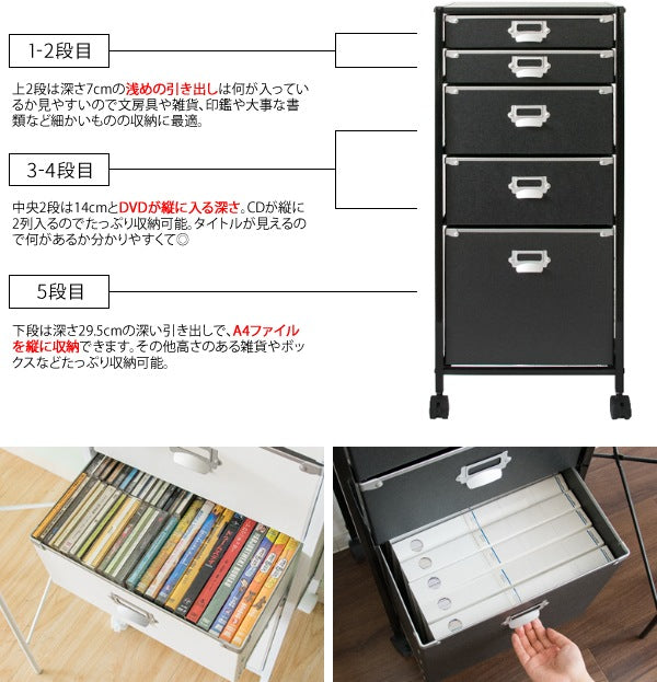 書類ケース 多段チェスト 棚 キャスター付き ホワイト/ブラック 在宅ワーク