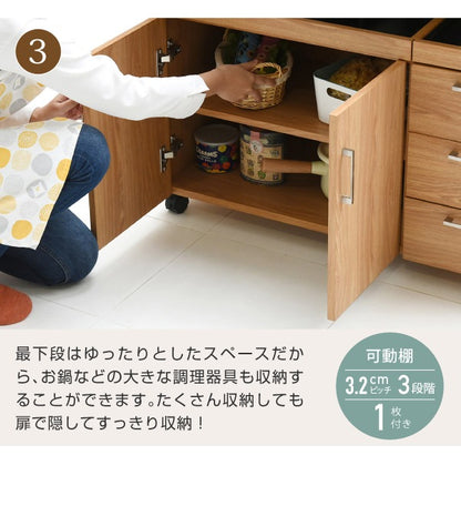 北欧風キッチンカウンター 幅90cm スライド棚＆2口コンセント付き 食器収納・レンジ台対応