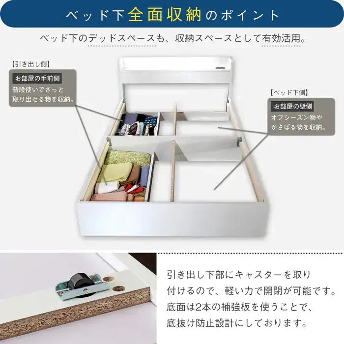クイーンベッド + グレーマットレスセット 引き出し収納 コンセント ヘッドボード 高反発マットレス