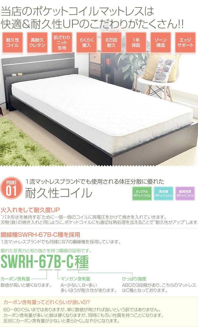 シングルマットレス 単品 ニット 超高密度 ポケットコイル 7ゾーン 3Dメッシュ
