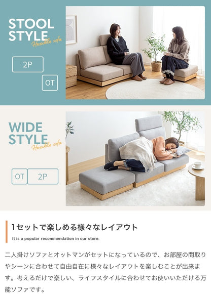 ヘッドレスト付き ハイバックローソファ 2人掛け オットマン付き シンプル ファブリック