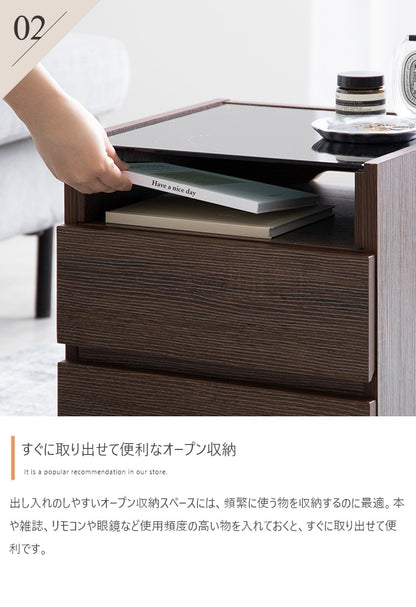 ブラックガラス天板 ナイトテーブル 幅35cm コンパクト 省スペース 引出し収納