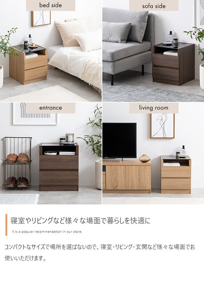 ブラックガラス天板 ナイトテーブル 幅35cm コンパクト 省スペース 引出し収納