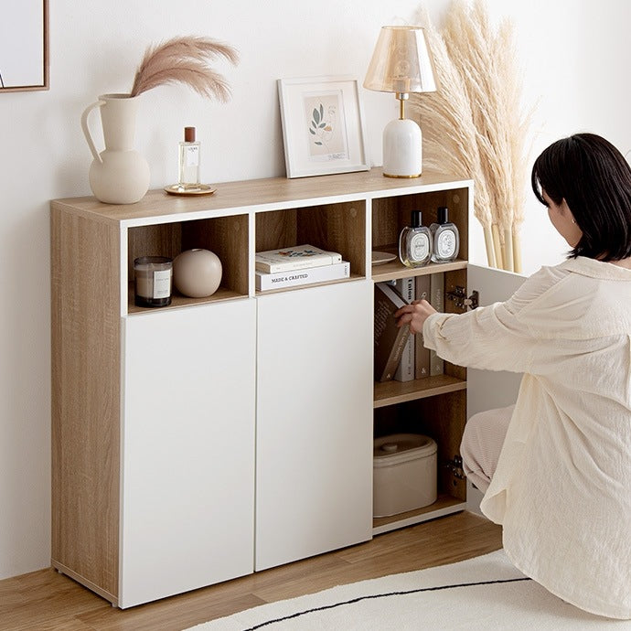 キャビネット 幅96cm ノイズレス 配線収納 デスク横 リビング ダイニング 木目xホワイト 可動棚