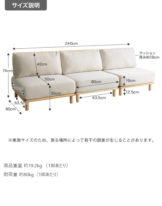 ソファ 3脚セット 幅240cm (80cm x3) ファブリック ポケットコイル ゆったり座面 ローソファ 自由レイアウト