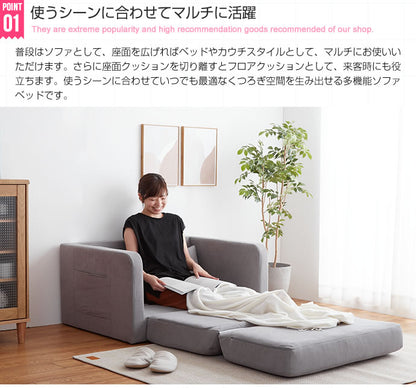 折りたたみ 多機能ソファベッド 幅103cm クッション付き コンパクト サイドポケット