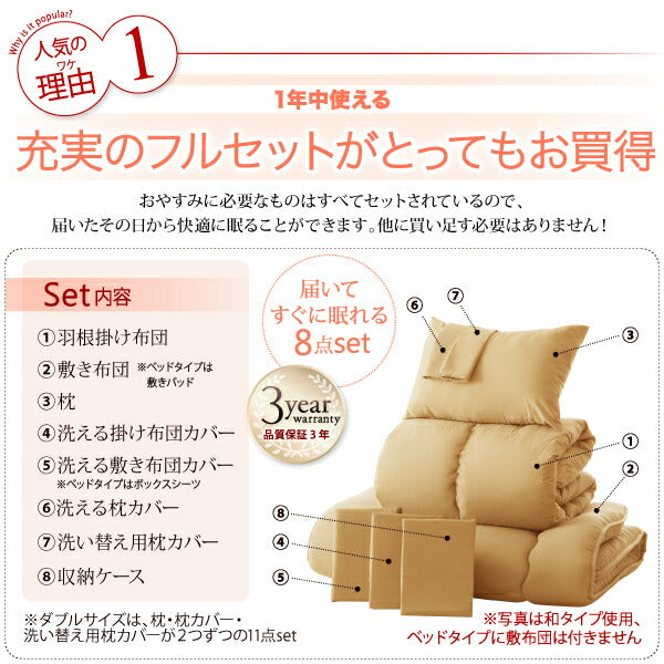 羽根布団 シングル8点セット （掛け布団 + 敷き布団or敷きパッド + 枕 + 掛布団カバー + 敷き布団カバーorボックスシーツ + 枕カバー + 洗い替え用枕カバー + 収納ケース）
