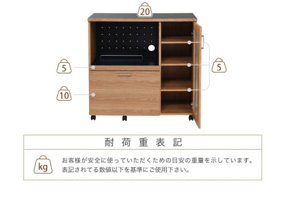 幅90cmキッチンカウンター ／スライド棚＆2口コンセント付き　食器収納・レンジ台　ナチュラルデザイン