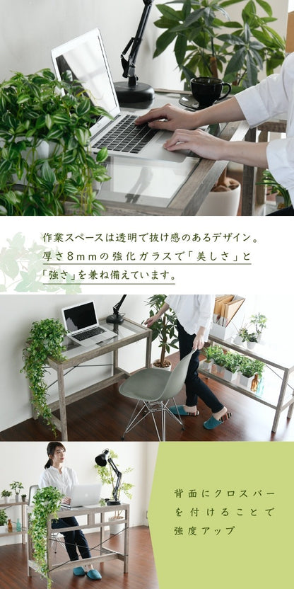 ガラスPCデスク 幅90cm 奥行45cm グリーンインテリア デスク 古材 古木 インテリア