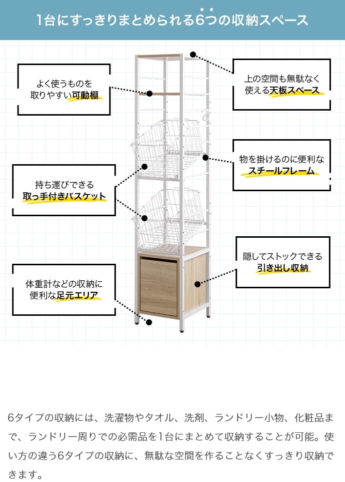 ランドリーバスケット 幅32cm すきま収納 ラック 高さ162cmタイプ 引き出し付き 脱衣所