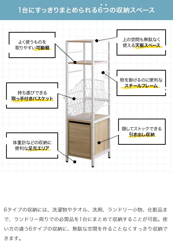ランドリーバスケット 幅32cm すきま収納 ラック 高さ120cmタイプ 引き出し付き 脱衣所