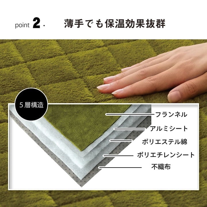 あったか5層キルトラグ 絨毯 200x240cm 滑り止め 無地 アルミシート入り 軽量
