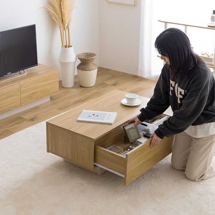 隠しキャスターで移動も楽々 ローテーブル 85x45cm シンプルモダン 引き出し付き ノイズレス