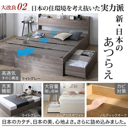 セミダブルベッド + マットレスセット 本体全10色 ヘッドボード 引き出し コンセント 木目 ゾーンコイルマットレス かため