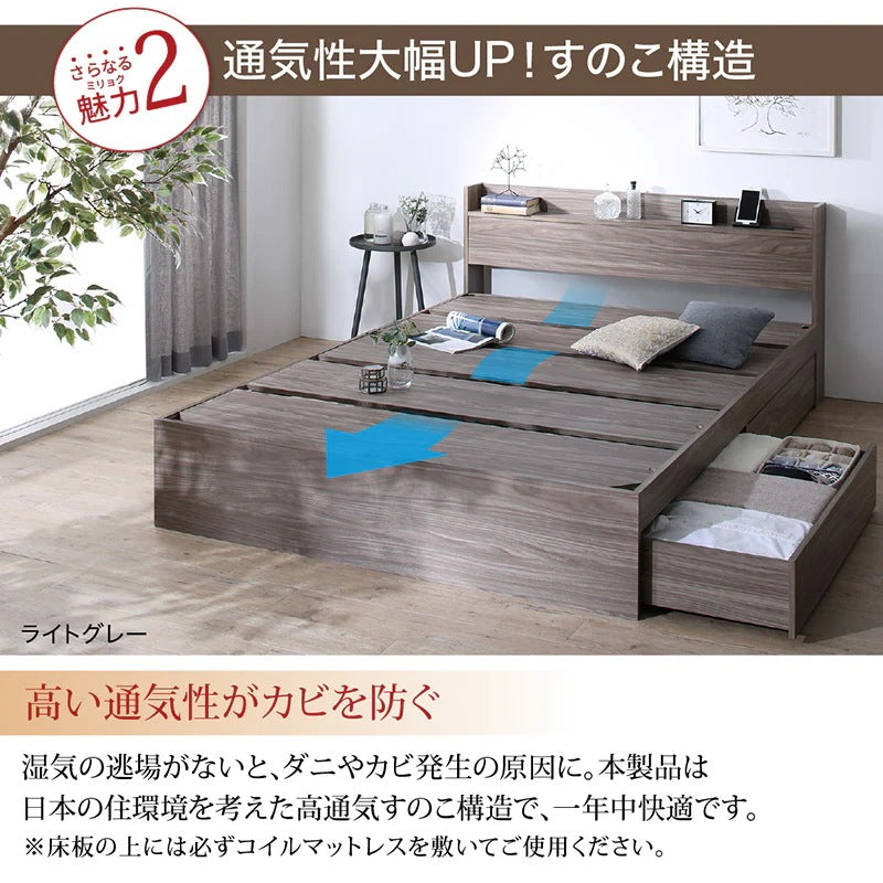 セミダブルベッド + マットレスセット 本体全10色 ヘッドボード 引き出し コンセント 木目 ゾーンコイルマットレス かため