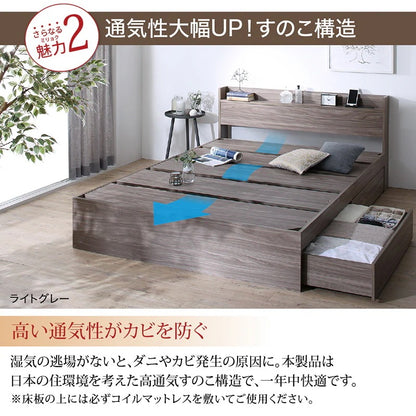 セミダブルベッド + マットレスセット 本体全10色 ヘッドボード 引き出し コンセント 木目 ゾーンコイルマットレス かため