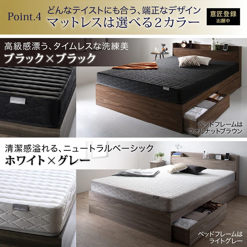 セミダブルベッド + マットレスセット 本体全10色 ヘッドボード 引き出し コンセント 木目 ゾーンコイルマットレス かため