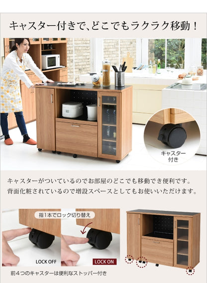 北欧デザインキッチンカウンター 幅120cm・大容量収納 スライド棚＆コンセント付き ウォールナット調