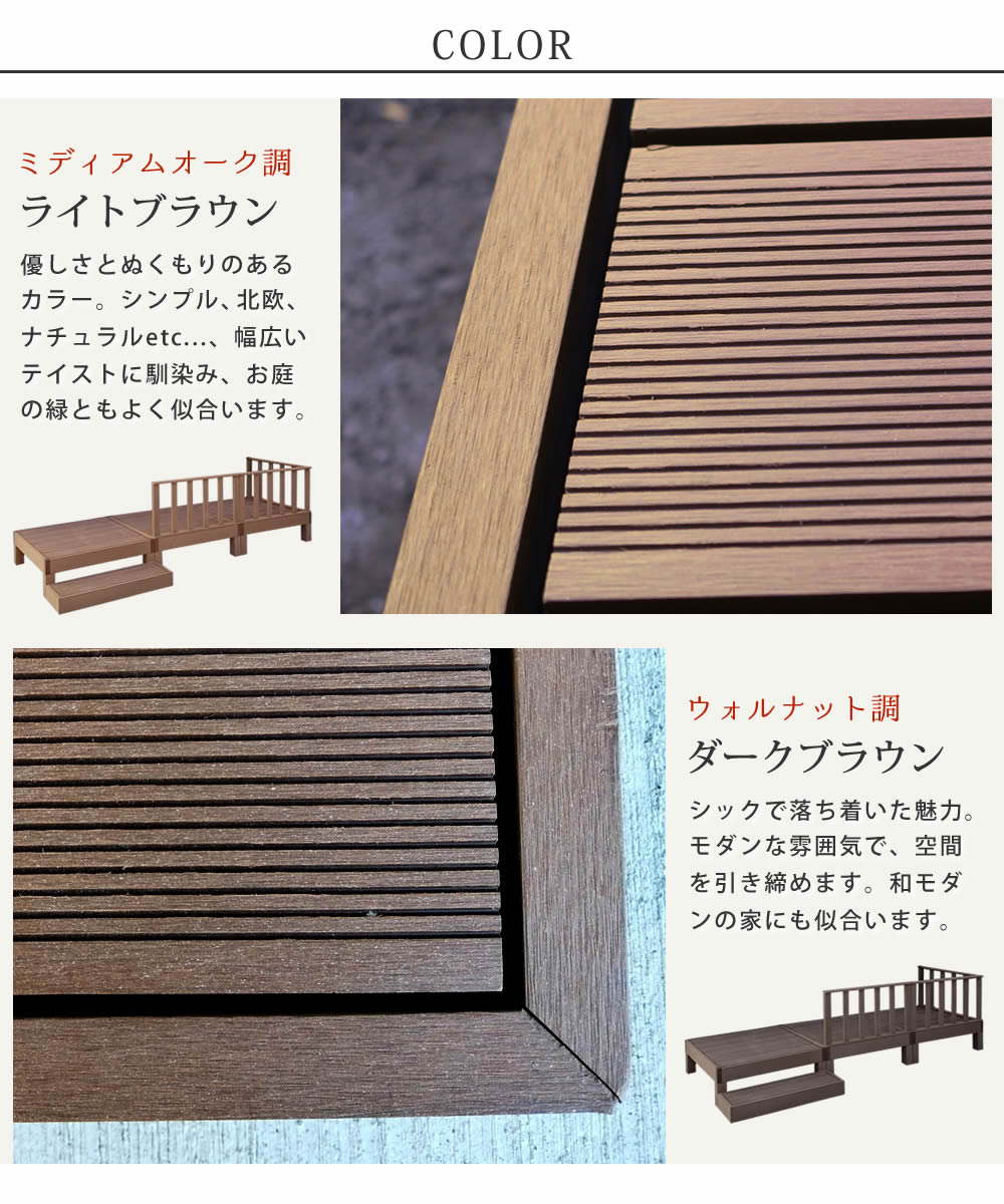 ウッドデッキ セット（正方形デッキx3 + ステップ + ストレートフェンス + コーナーフェンス） 簡単メンテナンス 人口木
