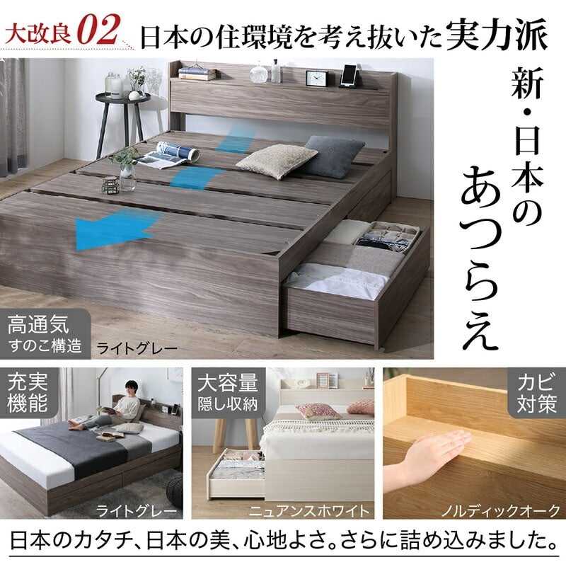 シングルベッド + マットレスセット 本体全10色 ヘッドボード 引き出し コンセント 木目 ゾーンコイルマットレス かため