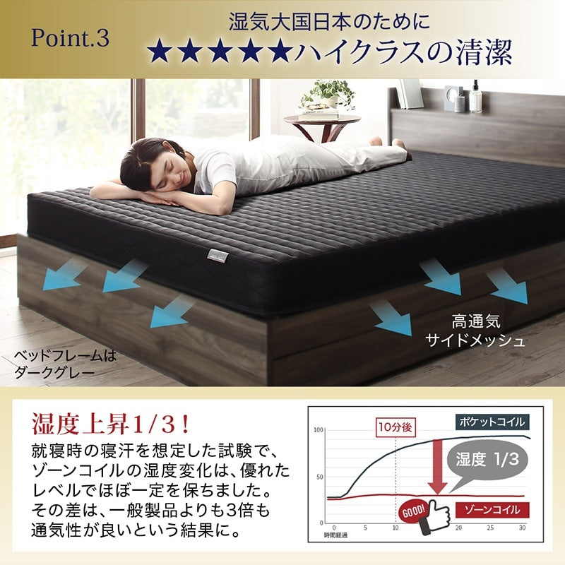 シングルベッド + マットレスセット 本体全10色 ヘッドボード 引き出し コンセント 木目 ゾーンコイルマットレス かため