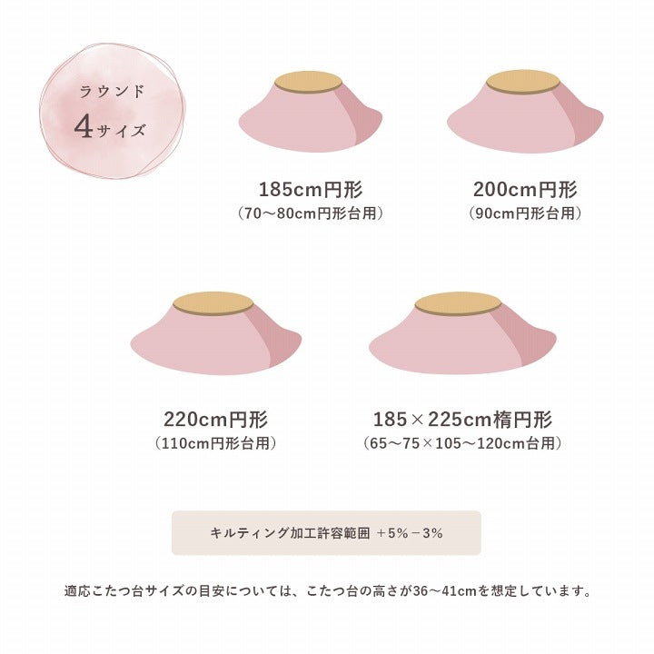 洗える 円形 リバーシブルこたつ布団 直径185cm（テーブル直径70-80cm対応） ラウンド ふわふわ フェイクファー／フランネル 無地 シンプル 薄掛