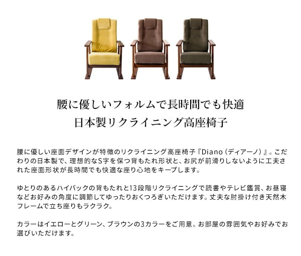 日本製 リクライニング高座椅子 腰をいたわる座椅子 肘掛け ハイバック 高さ調整