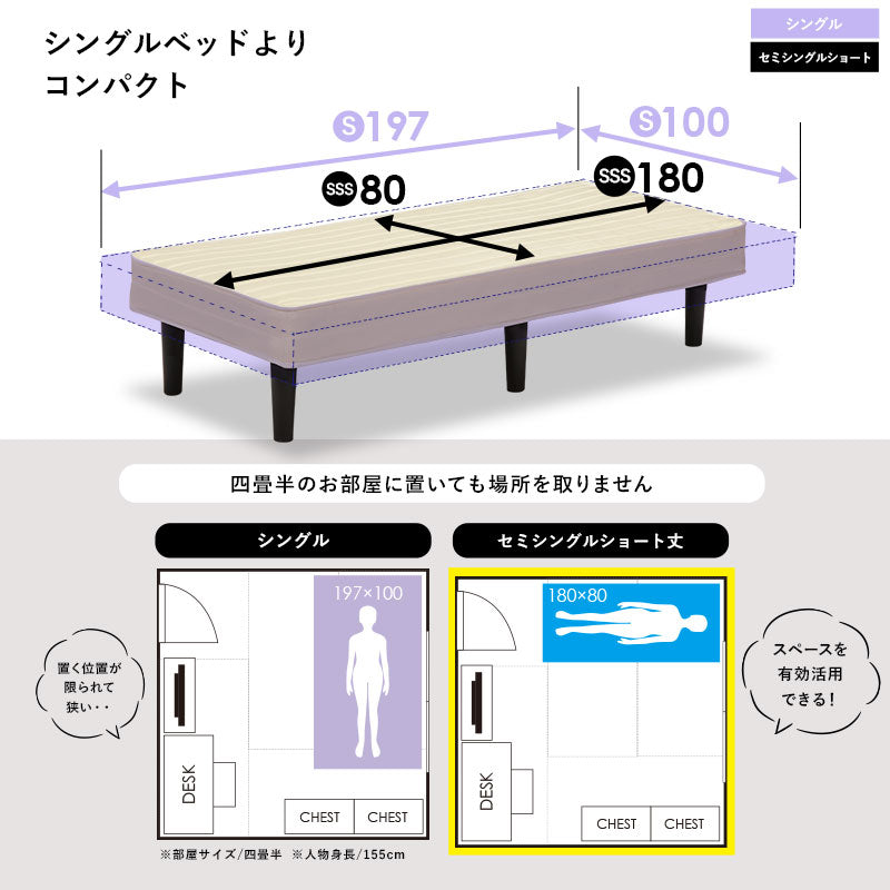 セミシングルショートベッドSSS + マットレスセット すのこ 小さいサイズ ボンネルコイルマットレス