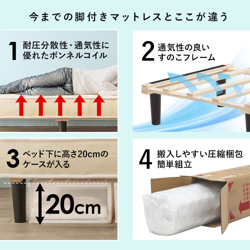 セミシングルショートベッドSSS + マットレスセット すのこ 小さいサイズ ボンネルコイルマットレス