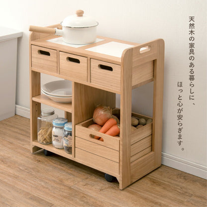 両側から使える キッチンワゴン 大容量収納 コンパクト 高さ62cm 天然木 完成品